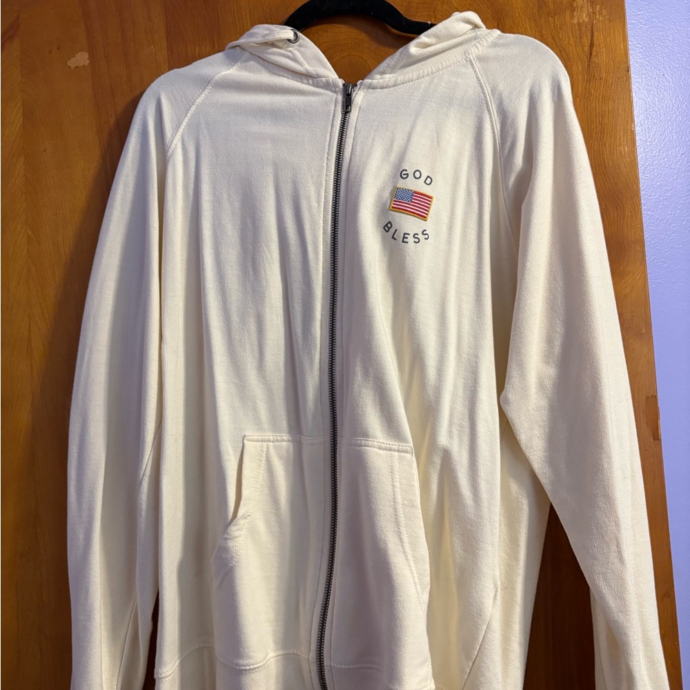 Cream Hooded Jacket with 'God Bless' Embroidery